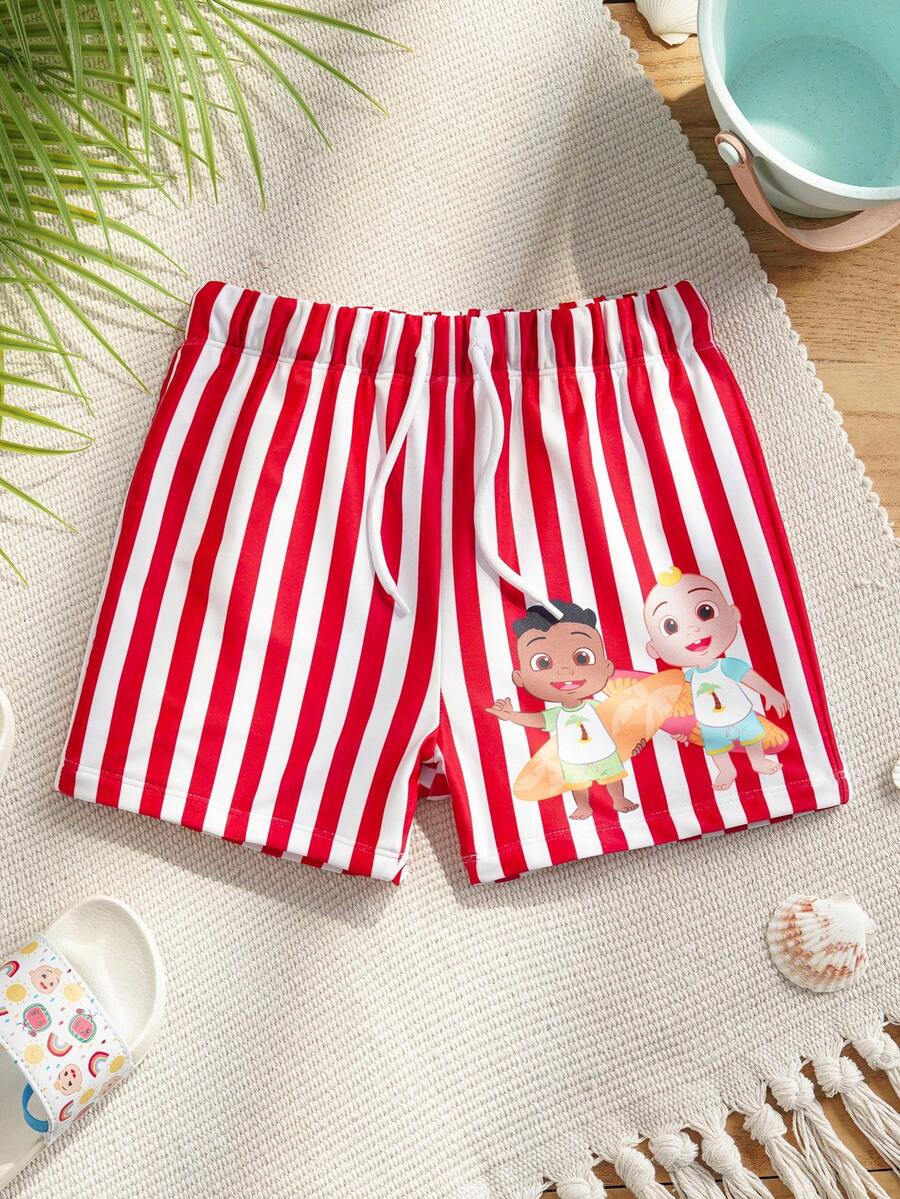 CoComelon X SHEIN Baby Boy Striped Cartoon Print Drawstring Waist Swim Trunks - Red - View 1