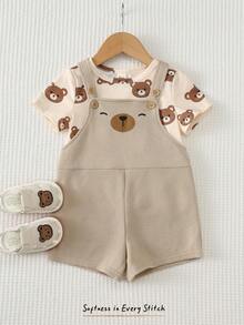 Cozy Pixies 2pcs Baby Boy Cartoon Pattern Knit Soft Crew Neck Short Sleeve Pullover Top And Bib Shorts Set - Multicolor - View 9