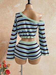Soleia Women Green Striped Asymmetric Neck Long Sleeve Drawstring Hem Sweater And Knit Shorts 2-Piece Set Travel Summer/Autumn Night Out Sexy - Multicolor - View 2