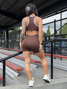 SAYEHFBABY 女士罗纹边饰露脐背心短裤套装 棕色运动文胸健身两件套 运动文胸短裤套装 两件套运动套装 两件套瑜伽套装 健身套装 - 咖啡棕 - 查看 2