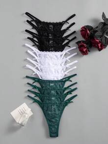 SHEIN 12 件/包 女士浪漫蕾丝丁字裤，多种颜色可选，性感时尚内衣 - 彩色 - 查看 2