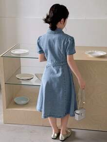 DAZY Girls' Denim Dress With Collar, Single-Breasted, Waist Cinched (Plus Size) - Blue - View 2
