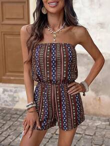 Brillora Bộ jumpsuit nữ dáng rộng in họa tiết, cổ yếm, thích hợp cho kỳ nghỉ xuân/hè. - Màu Đỏ Sâu - Xem 6