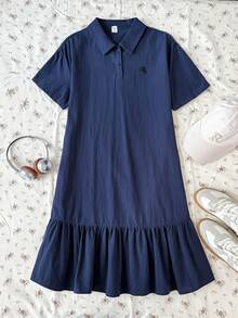 Teen Girl Navy Blue Polo Collar Embroidered Pattern Ruffle Hem Casual Dress, School Uniform Style, Suitable For School, Outdoor Activities, Shopping, Daily Wear - Royal Blue - View 5