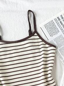 SHEIN Bộ đồ 2 mảnh mùa hè cho bé gái tuổi teen, áo tank top sọc nâu đa màu và quần short, phong cách casual thoải mái tối giản - màu nâu - Xem 4
