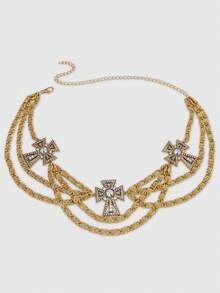 ROMWE Goth 1-Pack Ladies Gold Embossed Chain Rhinestone Cross Decoration Street Style Diablo Waist Chain Halloween Accessories Daily Versatile - Gold Diamond Cross Waist Chain - View 6