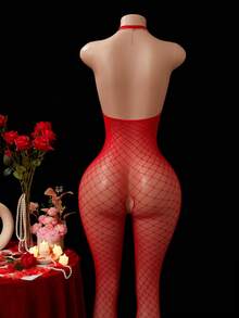 ChaseTheNight Women's Sexy Lingerie Bodystocking | Halter Neck Open Crotch Design | High-Elasticity Nylon & Elastane Blend | Sleek Black Fishnet Patterned Mesh - Red - View 2