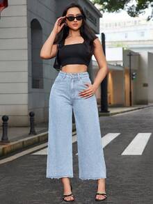 SHEIN ICON Jeans rectos de talle elástico con dobladillo deshilachado en gris claro para mujer de talla grande - Gris - Ver 4