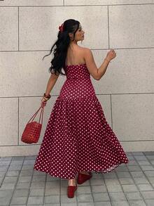 GalTyme 大码红色优雅波点印花无肩带连衣裙，夏季 - 紅色 - View 2