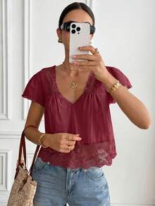 Serisse Women's Casual Solid Color Lace Patchwork Blouse, Summer - Red - View 8