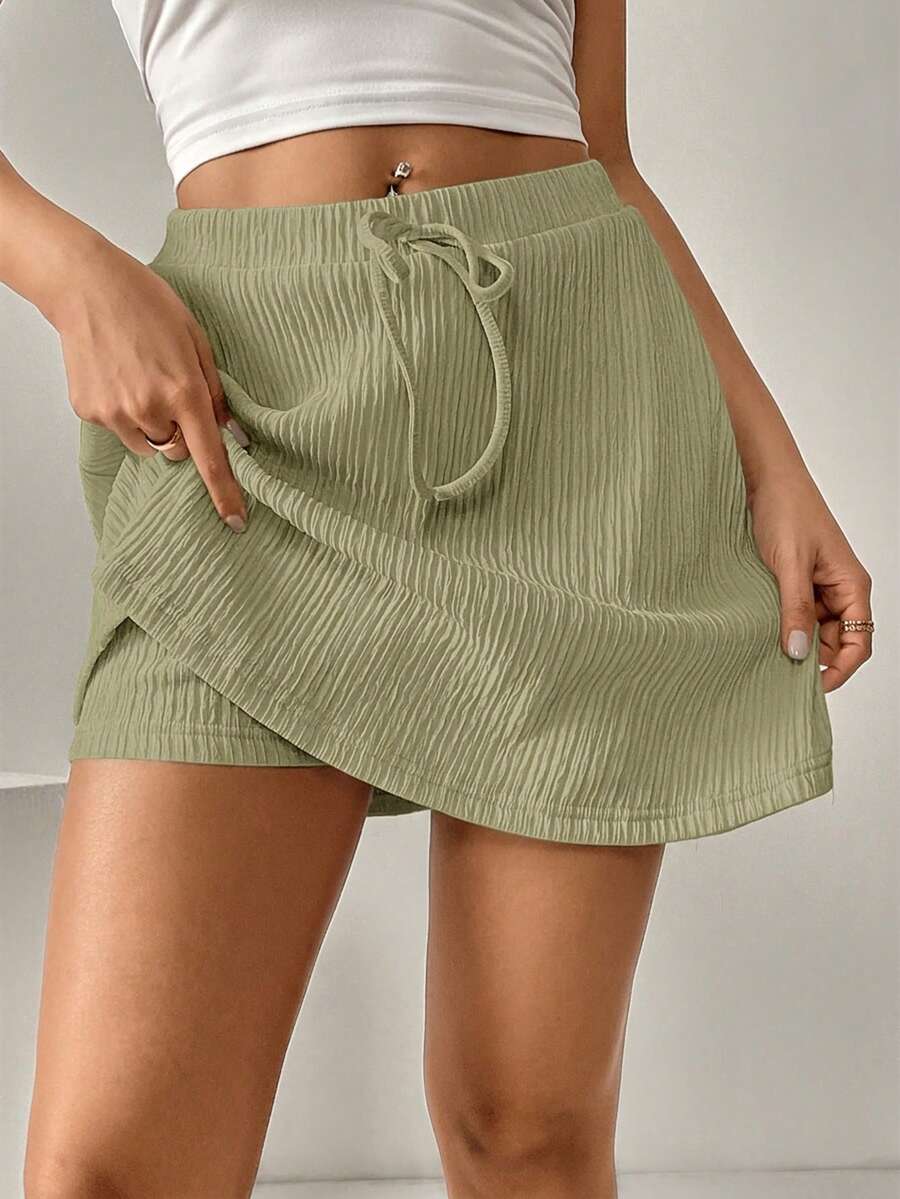 SHEIN Essnce Women's Solid Color Drawstring Waist Casual Versatile Daily Wear Skorts - Green - View 1