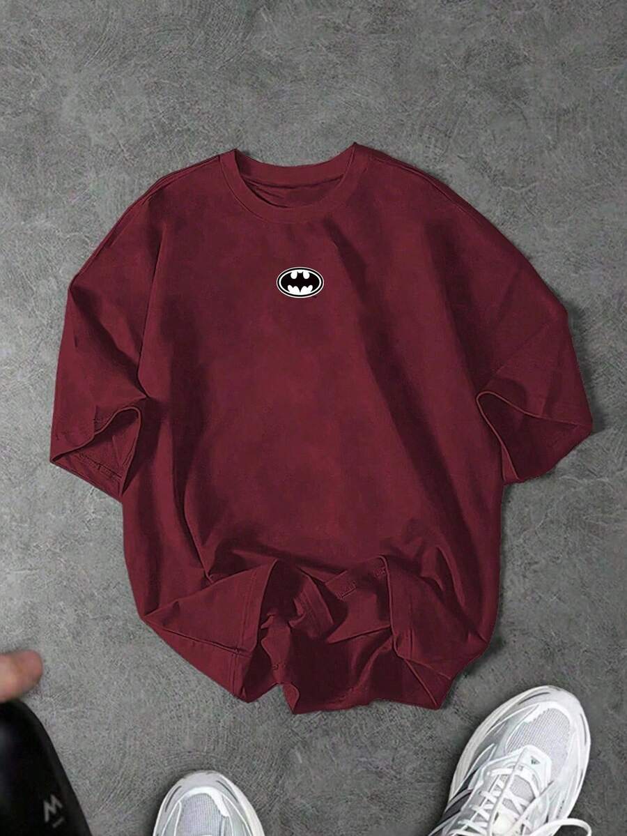 BATMAN X SHEIN 男士圓領休閒百搭日常穿搭與運動短袖T恤,健身房、度假 - 酒紅色 - 查看 1
