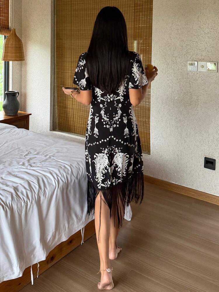 Tassel Patchwork V-Neck Allover Print Dress, Women Summer Casual Sleepwear