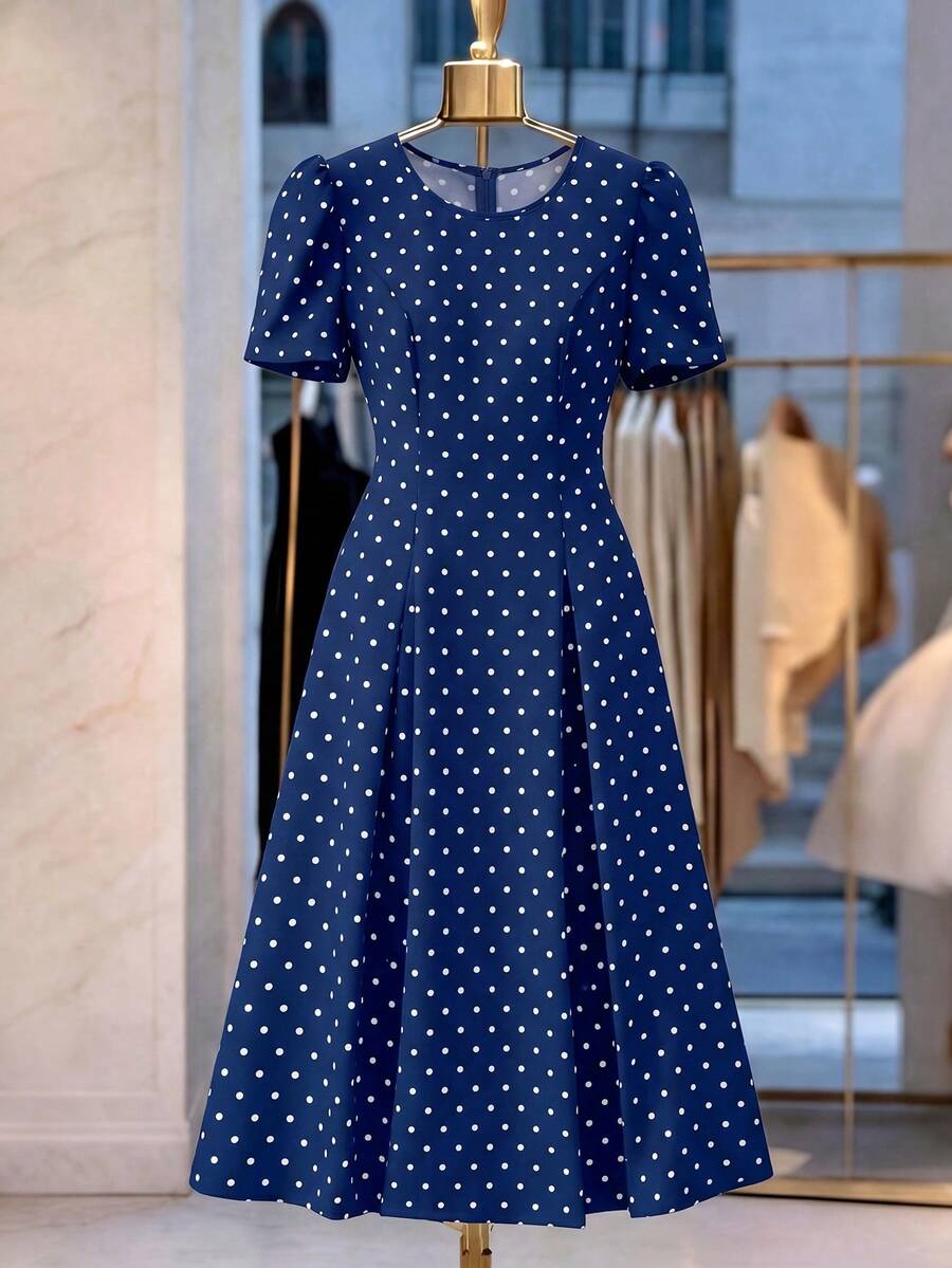 SHEIN Franclia Women's Woven Polka Dot Round Neck Short Sleeve A-Line Elegant Long Summer Dress - Navy Blue - View 1