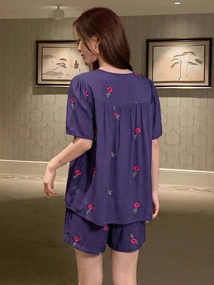 2pcs Floral Print V-Neck Short Sleeve Crop Top And Shorts Pajama Set For Women, Summer
