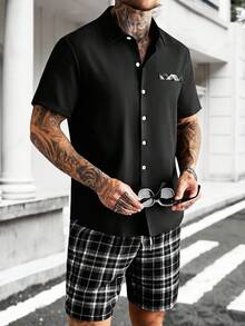 Manfinity CasualCool 男士单排扣短袖衬衫和格子抽绳腰带口袋短裤套装 - 彩色 - 查看 6