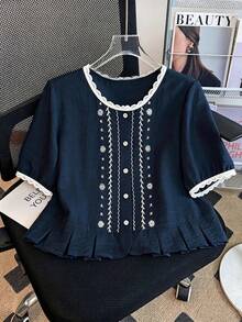 Franclia White Floral Embroidered Lightweight Summer Shirt, Fashionable Youthful Short Sleeve , Suitable For Daily, Vacation, And Casual Commute - Navy Blue - View 6