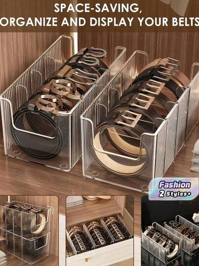 2pcs/1pc Acrylic Waist Belt Organizer Box, Suitable For Wardrobe And Drawers - With Adjustable 3 Compartments And Stackable Design, Wardrobe And Drawer Storage, Can Store Ties, Belts, Jewelry