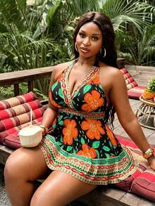 Slaydiva Traje de baño de 2 piezas con estampado floral naranja para mujer de talla grande, nueva llegada 2026, vacaciones de moda y uso casual diario, bikini triangular de cintura alta estilizante, vestido de baño modesto con cruce y lazo en el cuello - Negro - Ver 3