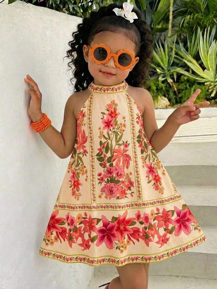 SHEIN Baby Girl Casual Cute Floral Print Sleeveless Dress - Multicolor - View 1