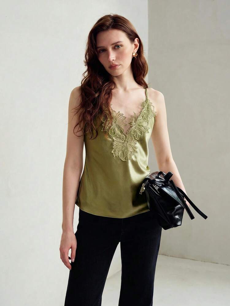WOMEN'S SPRING/SUMMER LACE EMBROIDERED FLORAL APPLIQUE CAMISOLE TOP