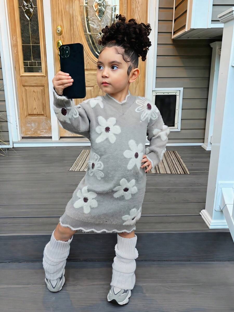 SHEIN Young Girl V-Neck Floral Pattern Knitted Dress Girls Sweater Dress Flower Dress Young Girls Floral Sweater Dress Young Girls Daisy Sweater Dress Autumn Winter Girls Dress Fall - Grey - View 1