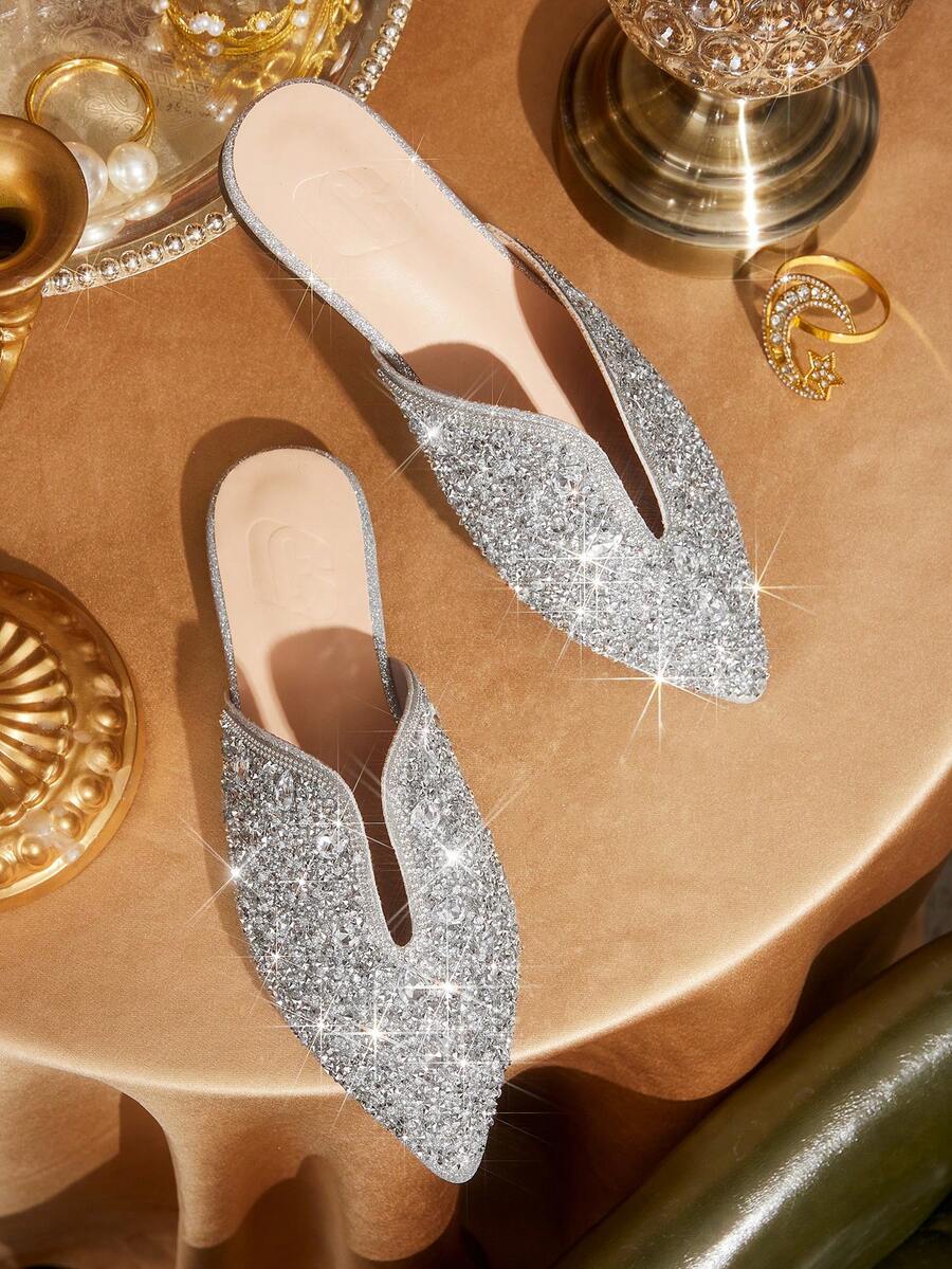 CUCCOO TILAWA Ladies' Fashionable And Elegant Rhinestone Pointed, Women's Flat-Soled Shoes, Suitable For Banquets, Parties, Daily And Other Occasions - Silver - View 1
