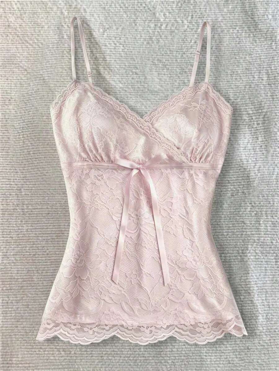 IslaSuriya Cherry Blossom Pink Lace Bow Tie Waist Camisole - Pink - View 1