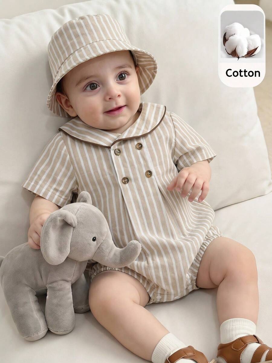 SHEIN Macacão curto listrado cáqui com gola redonda para bebês recém-nascidos (meninos e meninas), ideal para o verão. Perfeito para as férias e para o dia a dia. Ideal para bebês e crianças pequenas. - Multicolorido - Ver 1