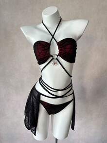 ROMWE Women's Gothic Goth Dark Style Backless Criss-Cross Spider Web Textudark Red Fabric Halter Bikini 3-Piece Swimwear Set, Autumn Beach Party - Burgundy - View 7