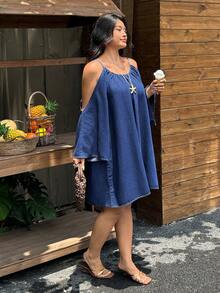 Breezaya Gaun Denim Kasual Tanpa Bahu Ukuran Plus - Biru - View 6
