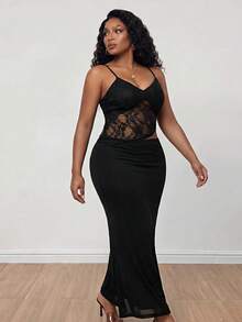 SHEIN PETITE CURVE 大码女式蕾丝拼接美人鱼性感约会派对吊带连衣裙 - 黑色 - 查看 11