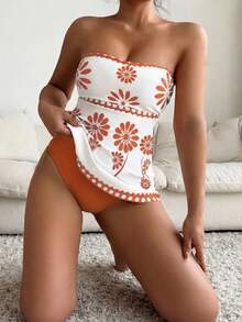 SHEIN Swim 两件套女士高弹绿色印花比基尼套装，包含印花抹胸上衣和纯色三角泳裤，优雅比基尼套装，适合春夏海滩派对，花朵泳衣，橙色泳衣，女士泳装，西式泳衣，女士沙滩装，全包覆式女士泳衣套装，女士沙滩装，夏季女士沙滩泳装，夏季服装。 - 橘色 - 查看 4