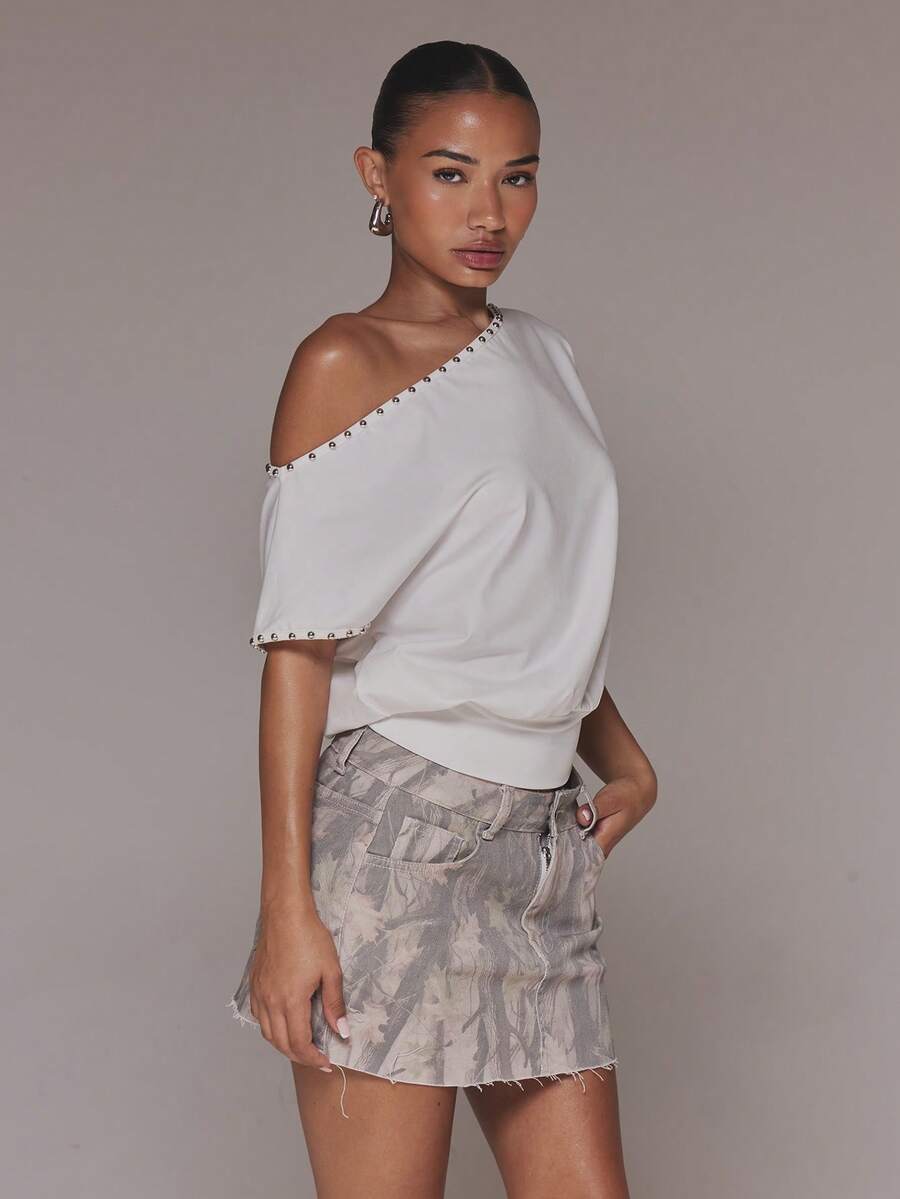 MUSERA Áo thun trễ vai dáng rộng đính đinh tán, thích hợp cho mùa xuân hè, kỳ nghỉ, du lịch, phong cách boho, lễ hội Ibiza, thanh lịch, đi biển, dễ thương. - trắng - Xem 1
