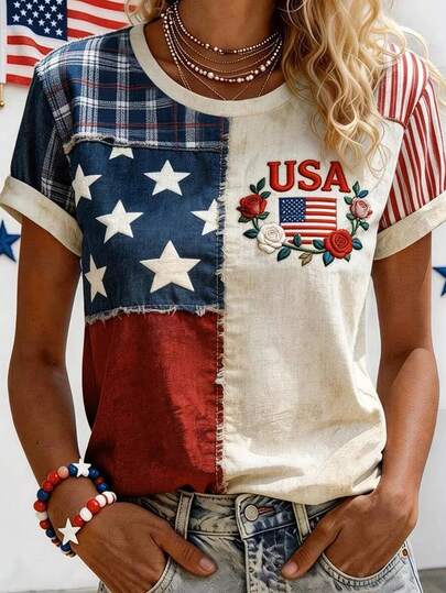 EMERY ROSE American USA Flag Floral T-Shirts For Women 4th Of July Patriotic Graphic Tees Independence Day Star Striped Shirts