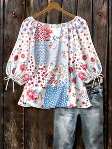 EMERY ROSE Floral Polka Dot Pattern Casual Round Neck 3/4 Sleeve Woven Shirt Fall - Multicolor - View 1