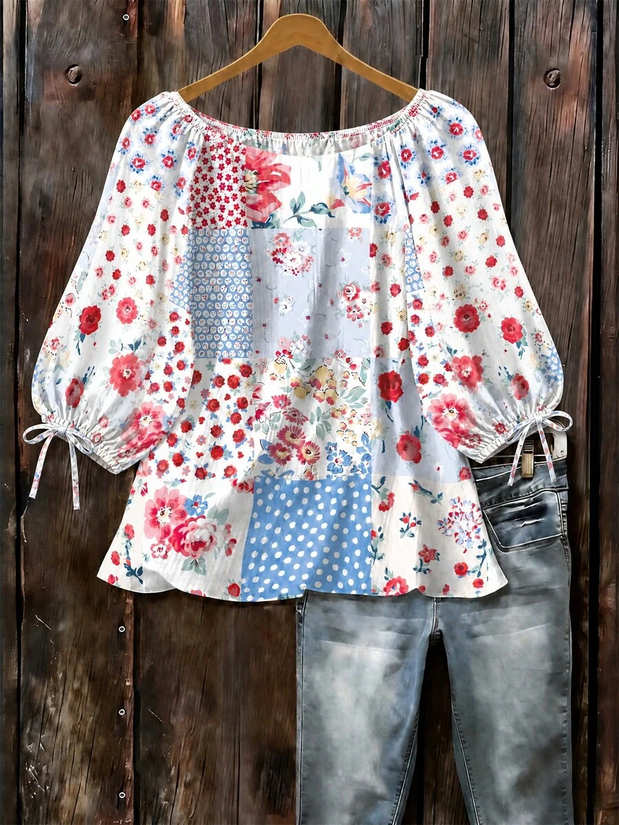 EMERY ROSE Floral Polka Dot Pattern Casual Round Neck 3/4 Sleeve Woven Shirt Fall - Multicolor - View 1