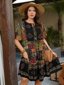 SHEIN LUNE Plus Size Women Floral Print Tie Neck Short Sleeve Casual Dress - Multicolor - View 3