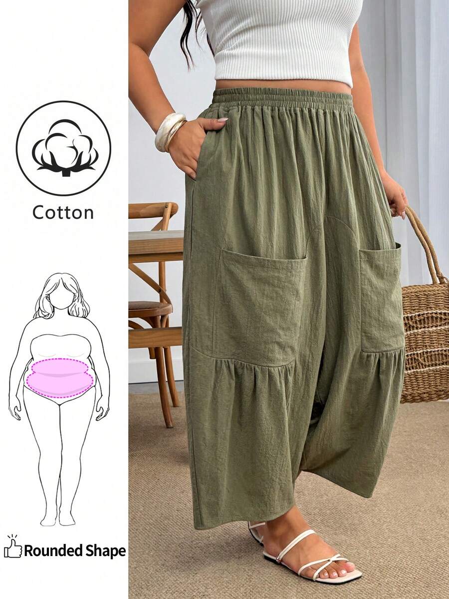 Enliva Plus Size Loose Fit Large Pocket Casual Pants Fall - Army Green - View 1