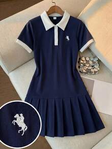 SHEIN 青少年女孩深藍色 Polo 領刺繡百褶下擺休閒洋裝，校服風格 - 彩色 - 查看 5