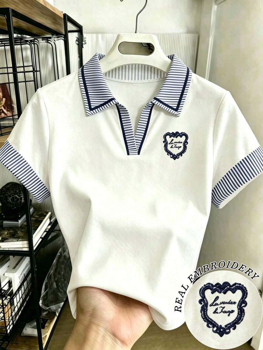 Resyla 女款條紋針織POLO衫 / V領短袖休閒上衣 / 徽章刺繡 / 適合日常穿著 / 工作與週末穿搭,送給她的絕佳禮物 - 彩色 - 查看 1