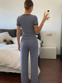 DAZY Women's Round Neck Striped Short Sleeve Top And Long Pants Casual Daily Homewear Set - Navy Blue - View 2