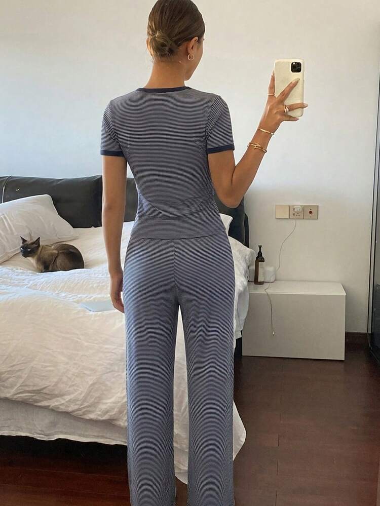Women's Round Neck Striped Short Sleeve Top And Long Pants Casual Daily Homewear Set