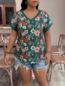 SHEIN VCAY 大尺碼女款度假花卉印花V領短袖休閒T恤 - 彩色 - 查看 6