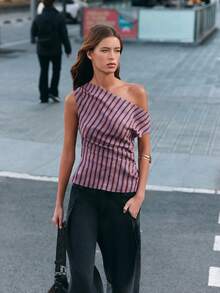 Nöista Diagonal Lilac Stripe One-Shoulder Top. Summer, Fall, Going Out, Resort, Party Style. - Multicolor - View 8