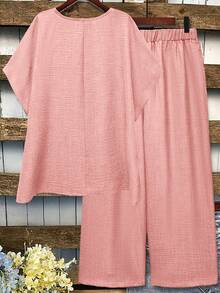 EMERY ROSE Plus Size Casual Solid Color Batwing Sleeve Shirt And Pants 2 Pieces Set - Coral Pink - View 2