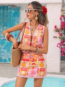 Vivid Eden Ensemble débardeur à lacets et jupe-short imprimé géométrique pour femmes, vacances à la plage, soirée romantique - Rose bonbon - Voir 6