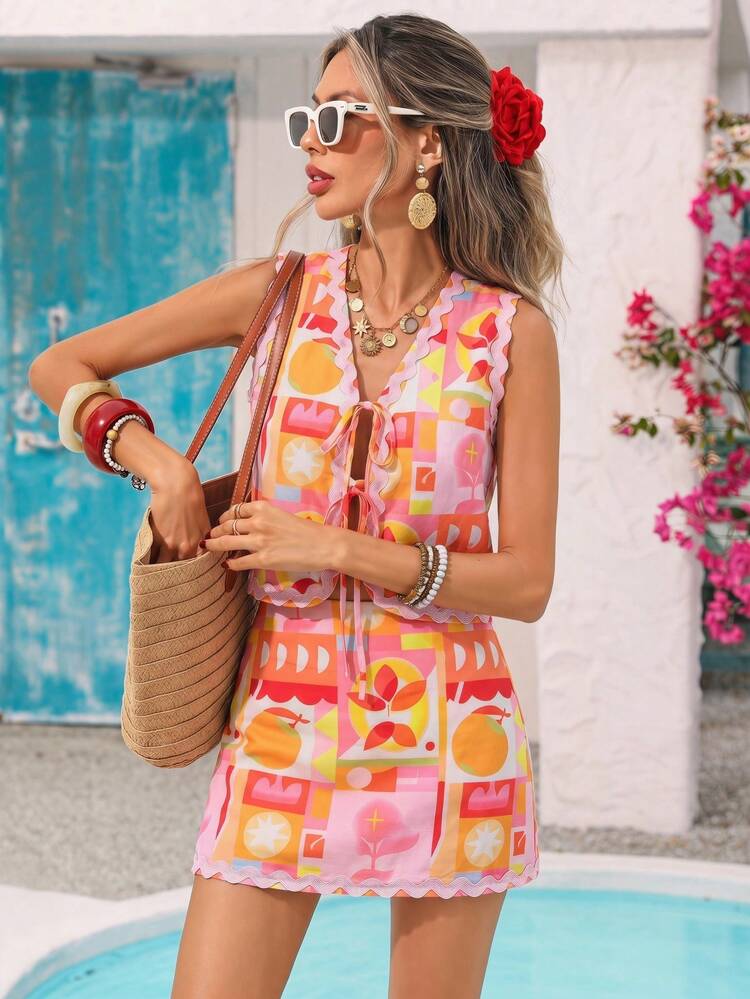 Vivid Eden Bộ áo tank top dây buộc và chân váy quần họa tiết hình học cho nữ, phong cách lãng mạn cho đi biển nghỉ dưỡng và tiệc tùng - Hồng - Xem 6