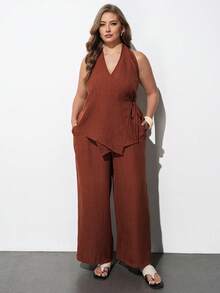 Maija Plus Size Red Halter Wrap Tie Top Wide Leg Pocket Pants Two Pieces Set, Summer Vacation Smart Casual Elegant, Sophisticated Wedding Guest Office Wear - Redwood - View 6