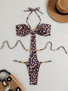Swim SXY Solid Color Shoulder Strap Backless Faux Pearl Decor High Cut Hollow Sexy One-Piece Swimsuit, Festival Boho - Multicolor - View 5